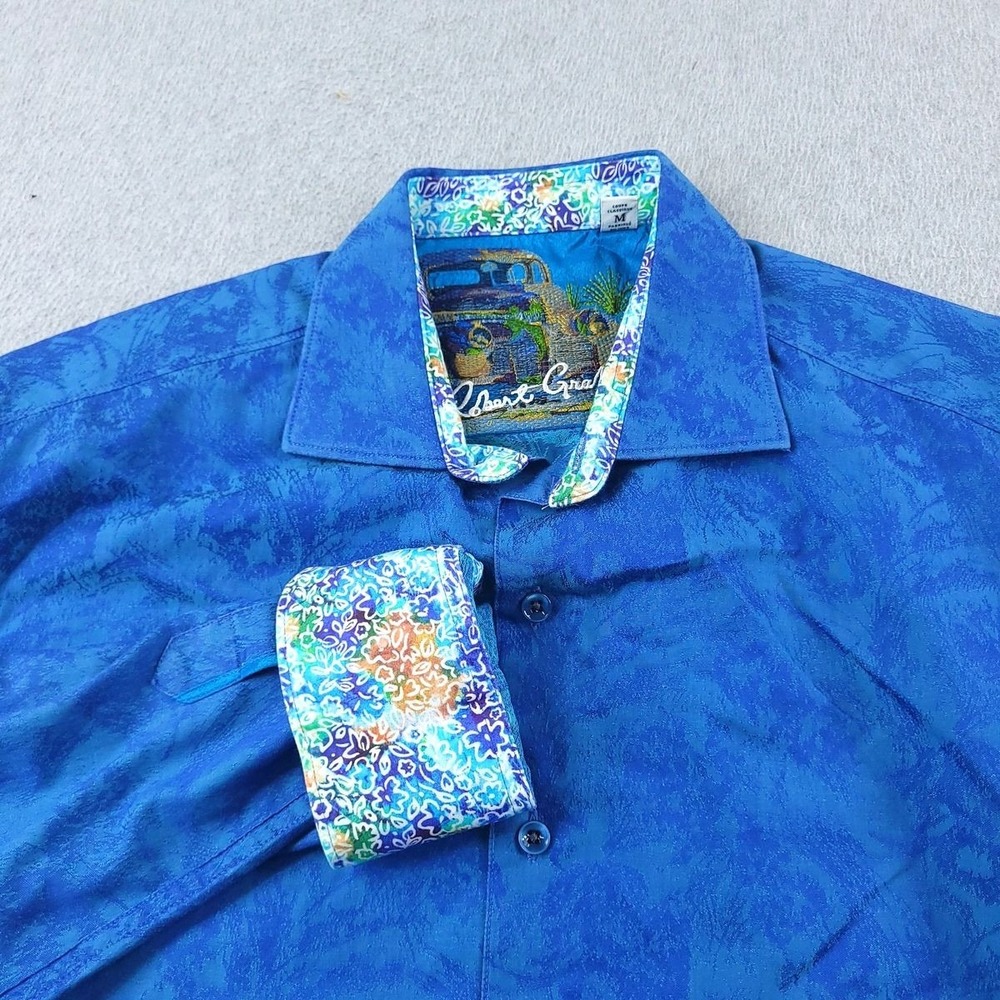 Robert Graham Shirt Men Medium Blue Floral Jacquard Classic Fit Cotton Button Up